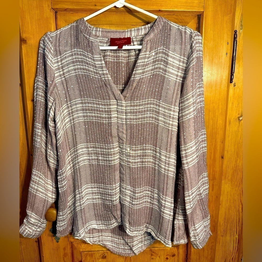 Jennifer Lopez Purple & Silver Metallic Shimmer Top Long Sleeve Size Small